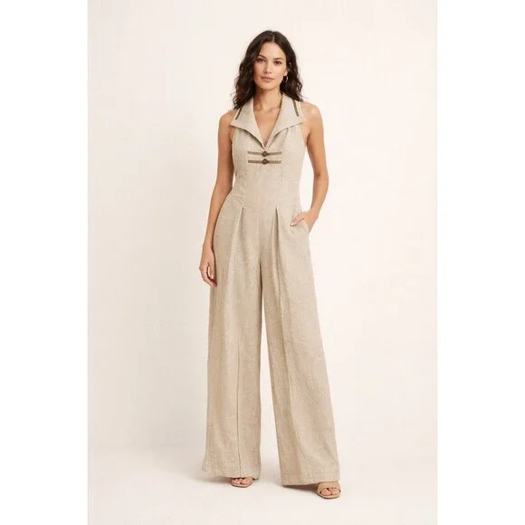 Barbara Barbara Women’s Halter Beige Jumpsuit Wideleg Size 4 - Picture 1 of 9